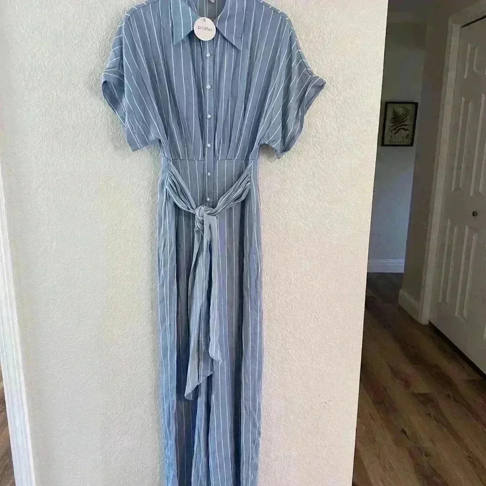 pastel Spring Womens wide leg jumpsuit blue white stripe size medium new w/ tags